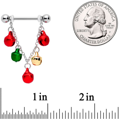14G 11/16 Red Green Bell Christmas Chain Dangle Nipple Ring Set