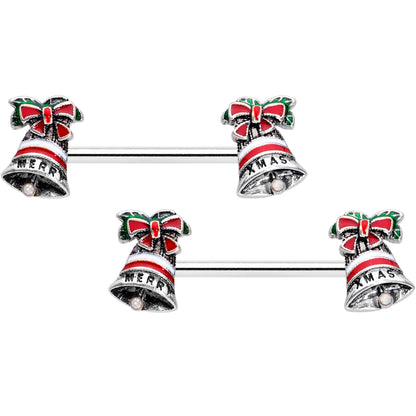 14G 5/8 Red White Green Bell Christmas Barbell Nipple Ring Set