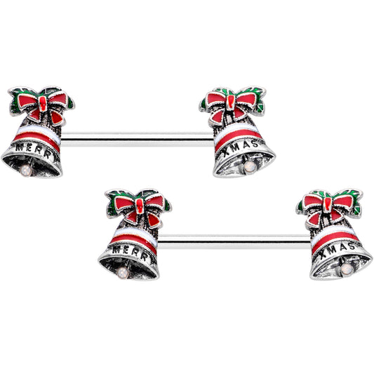 14G 5/8 Red White Green Bell Christmas Barbell Nipple Ring Set