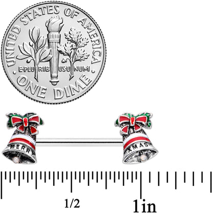 14G 5/8 Red White Green Bell Christmas Barbell Nipple Ring Set