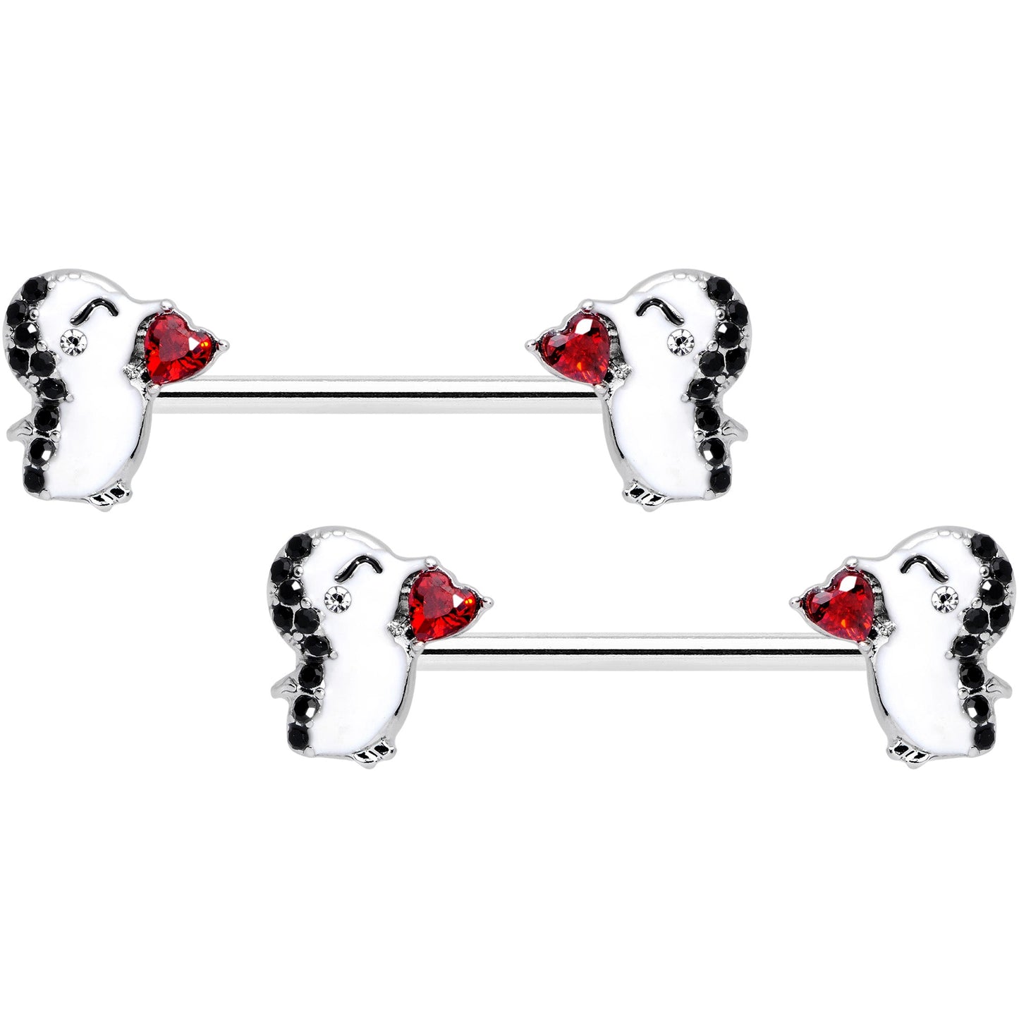 14G 5/8 Red Gem Penguin Heart Valentine Barbell Nipple Ring Set
