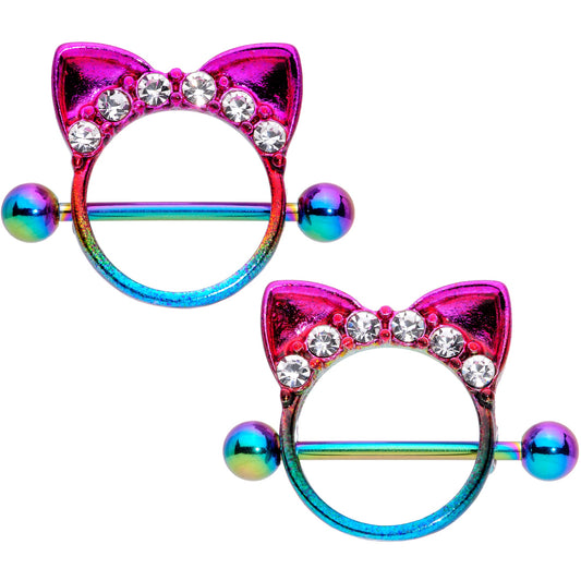 14G 9/16 Clear Gem Rainbow Kitty Cat Ears Nipple Shield Set