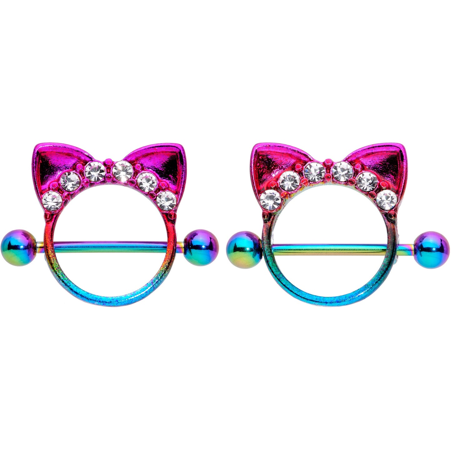 14G 9/16 Clear Gem Rainbow Kitty Cat Ears Nipple Shield Set