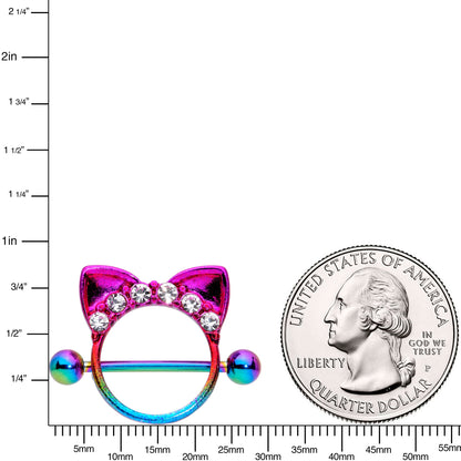 14G 9/16 Clear Gem Rainbow Kitty Cat Ears Nipple Shield Set