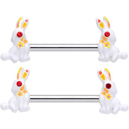 14G 9/16 Red Gem White Easter Rabbit Barbell Nipple Ring Set