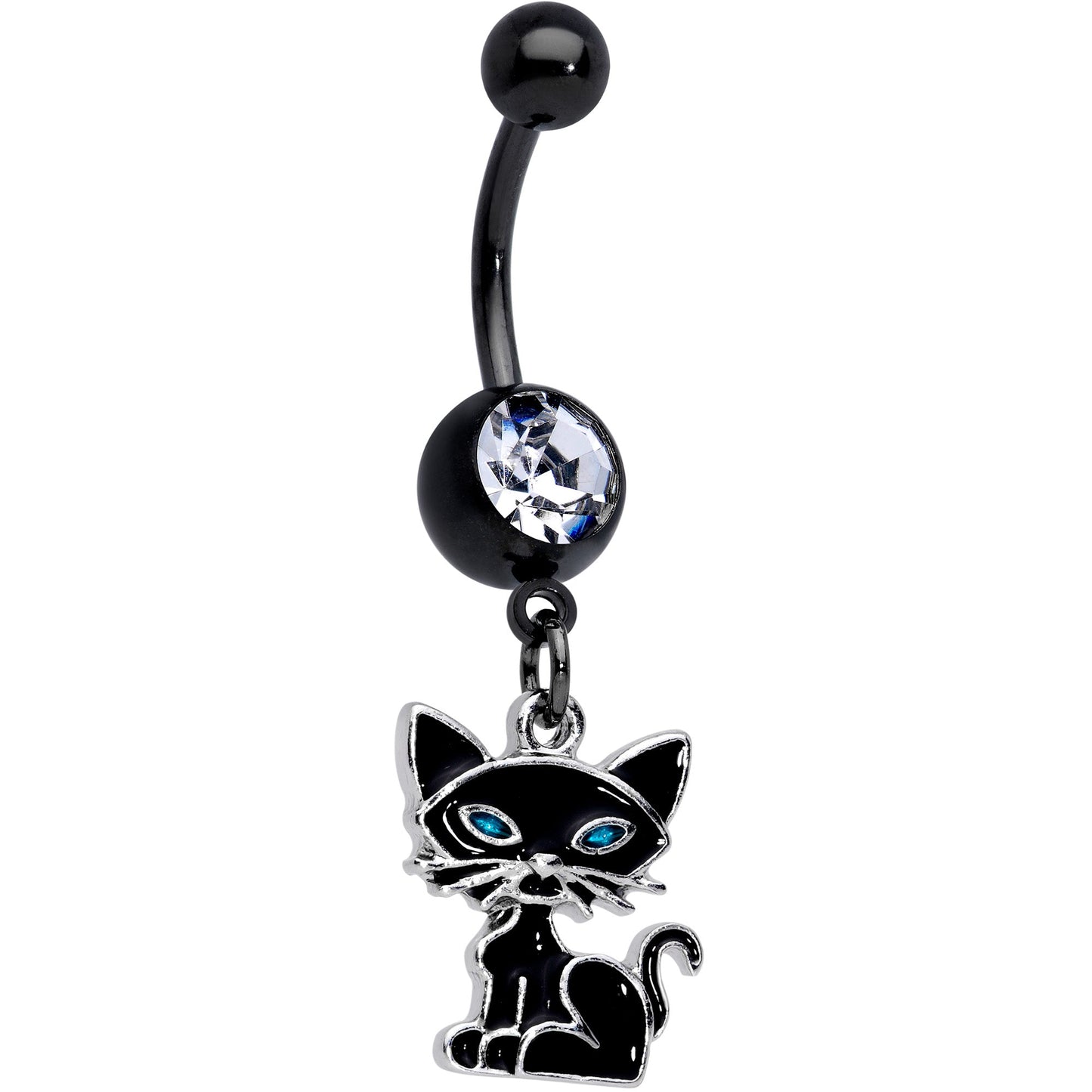 Clear Gem Black Blue Eyed Black Cat Dangle Belly Ring