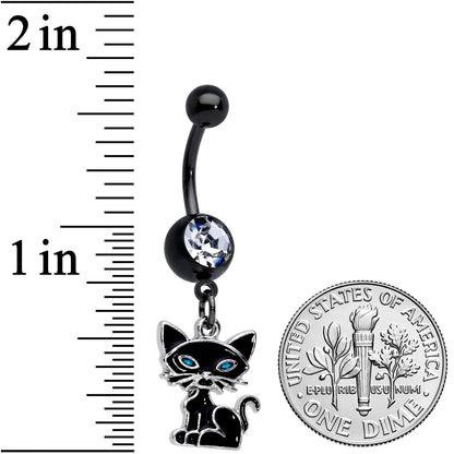 Clear Gem Black Blue Eyed Black Cat Dangle Belly Ring
