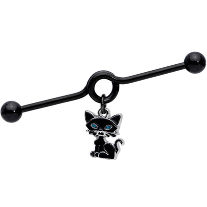 14G Black Blue Eyed Black Cat Dangle Project Barbell 38mm