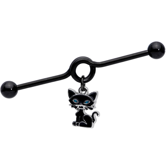 14G Black Blue Eyed Black Cat Dangle Project Barbell 38mm