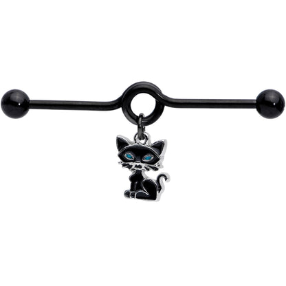 14G Black Blue Eyed Black Cat Dangle Project Barbell 38mm