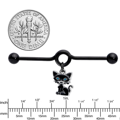 14G Black Blue Eyed Black Cat Dangle Project Barbell 38mm