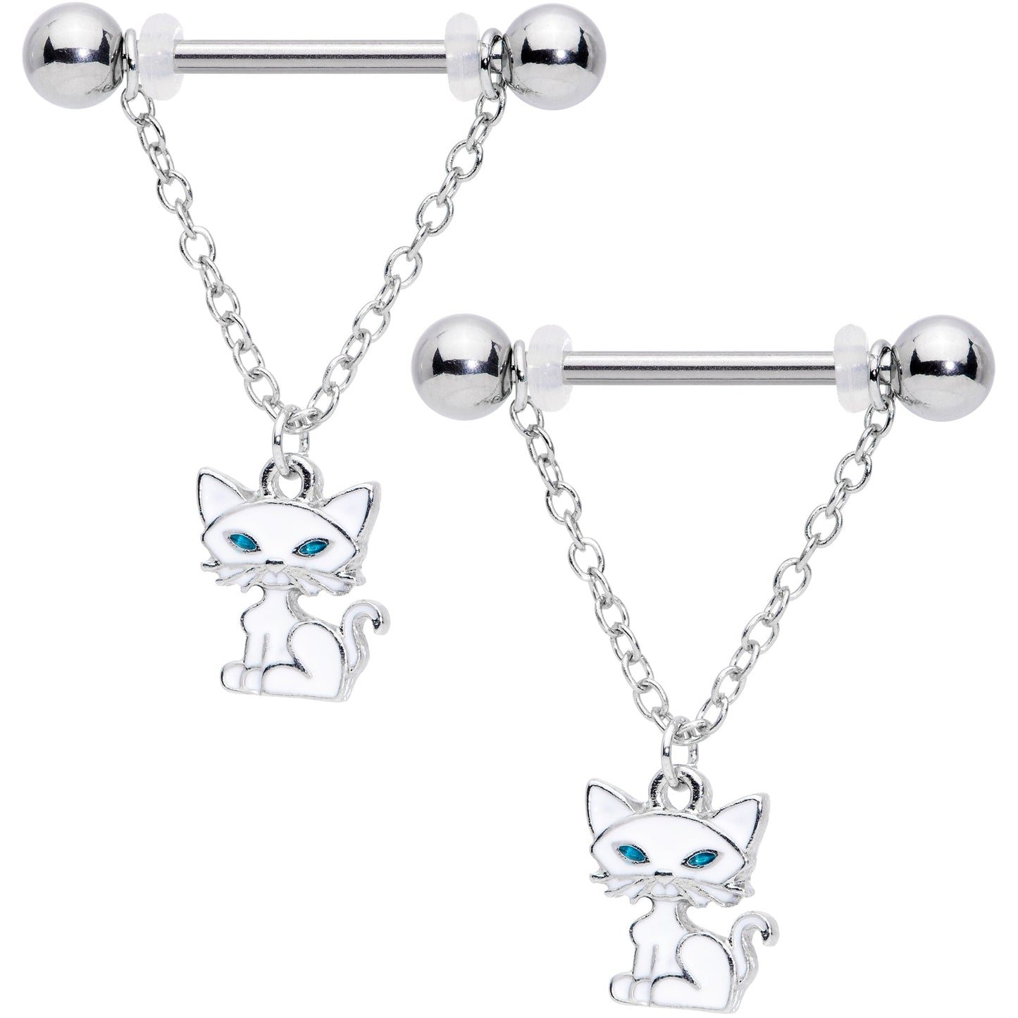 14G 9/16 Blue Eyed White Cat Dangle Barbell Nipple Ring Set