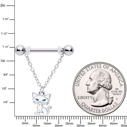 14G 9/16 Blue Eyed White Cat Dangle Barbell Nipple Ring Set