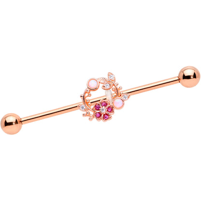 14G Rose Gold Tone Synth Opal Pink Flower Industrial Barbell 38mm
