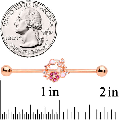 14G Rose Gold Tone Synth Opal Pink Flower Industrial Barbell 38mm