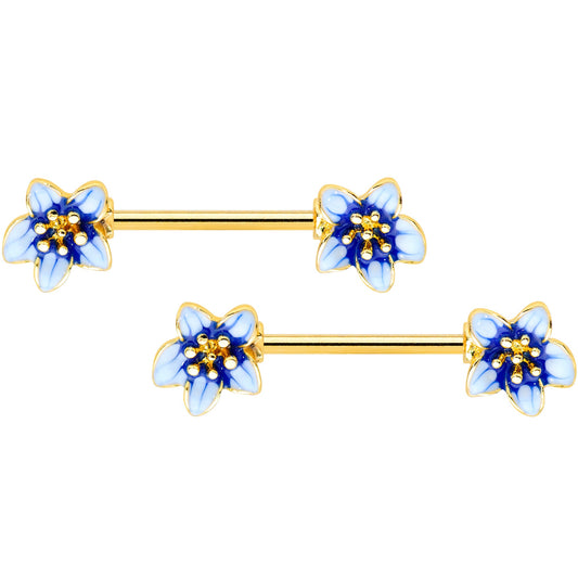 14G 9/16 Gold Tone White Blue Flower Barbell Nipple Ring Set