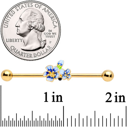 14G Gold Tone White Blue Flower Industrial Barbell 38mm