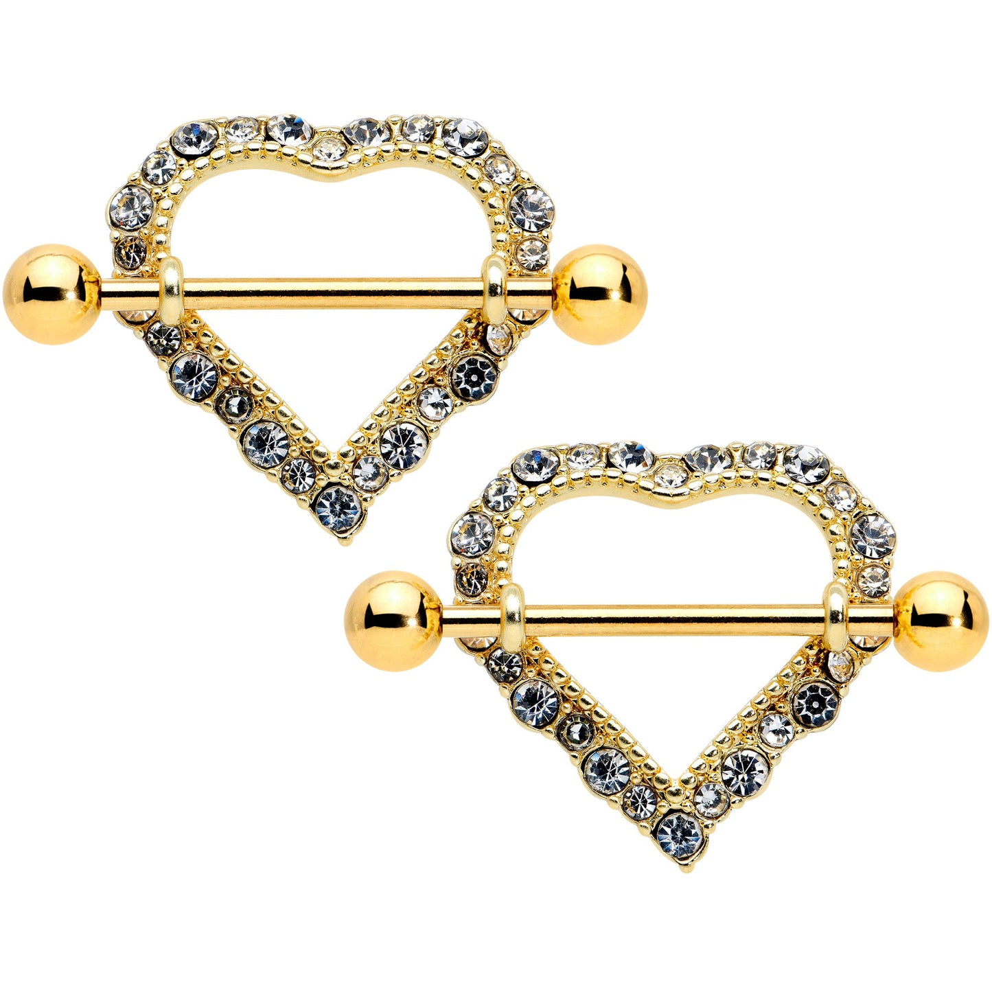 14G 9/16 Clear Gem Gold Tone Heart Valentines Nipple Shield Set