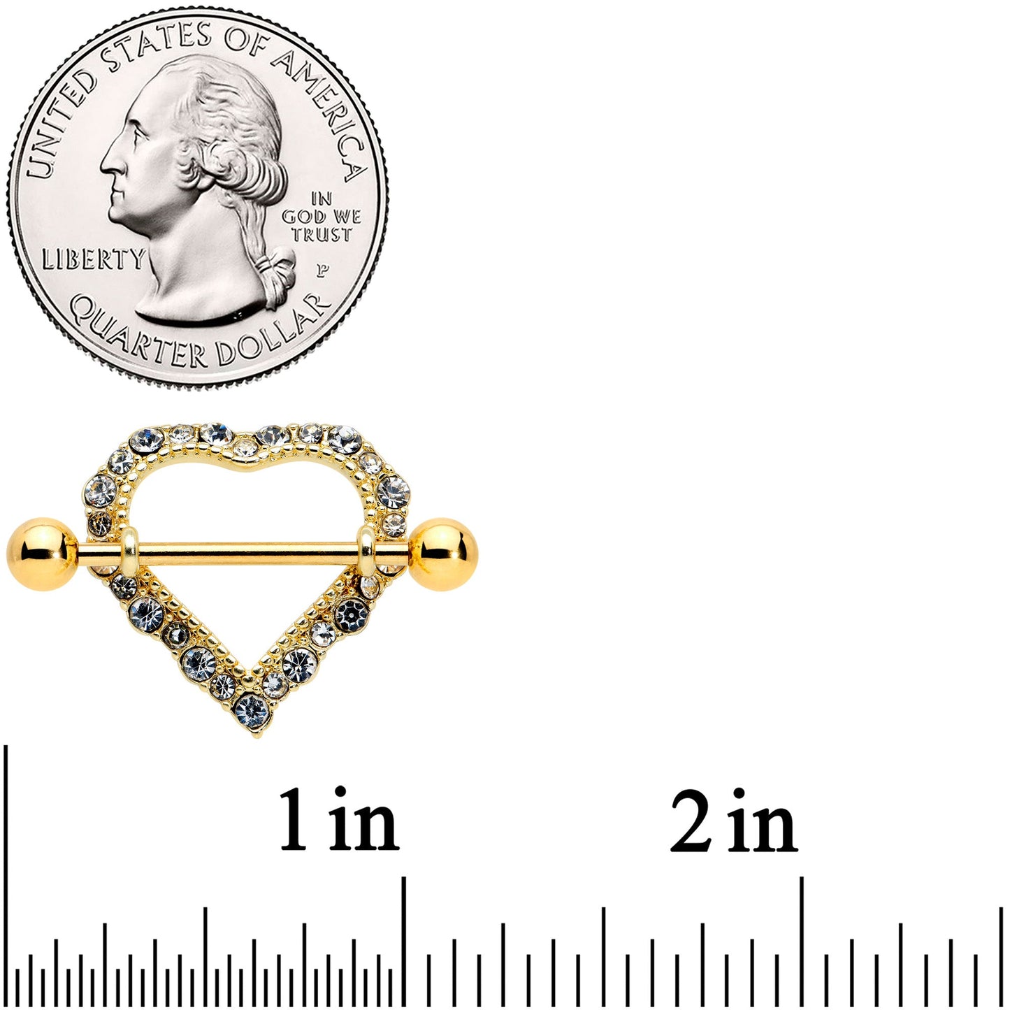 14G 9/16 Clear Gem Gold Tone Heart Valentines Nipple Shield Set