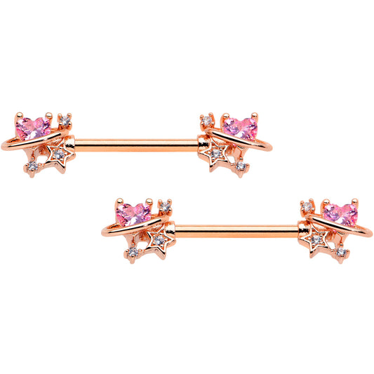 14G 9/16 Pink Gem Rose Gold Tone Star Barbell Nipple Ring Set