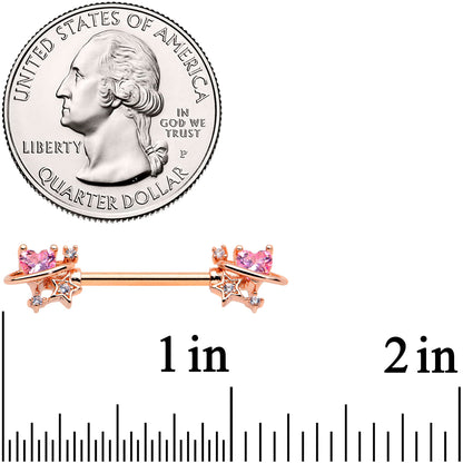 14G 9/16 Pink Gem Rose Gold Tone Star Barbell Nipple Ring Set