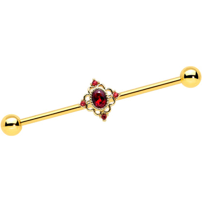 14G Red Gem Gold Tone Rich Regal Rhombus Industrial Barbell 38mm