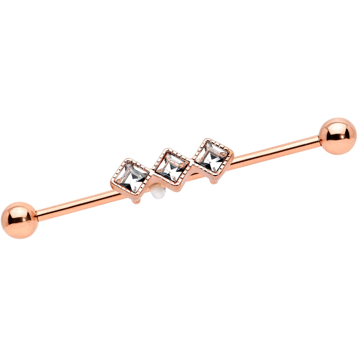 14G Clear Gem Rose Gold Hue Triple Rhombus Industrial Barbell 38mm