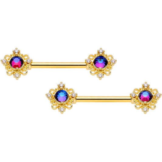 14G 9/16 Purple Tourmaline Gold Tone Filigree Nipple Ring Set