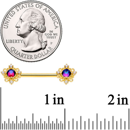 14G 9/16 Purple Tourmaline Gold Tone Filigree Nipple Ring Set