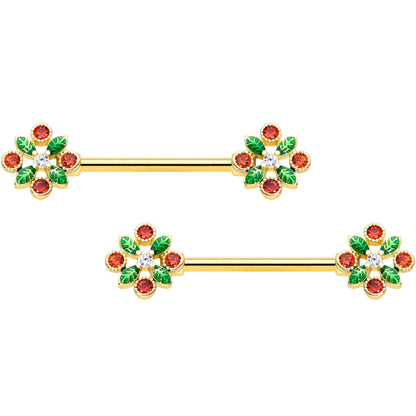 14G 5/8 Red Gem Gold Tone Crest Christmas Barbell Nipple Ring Set