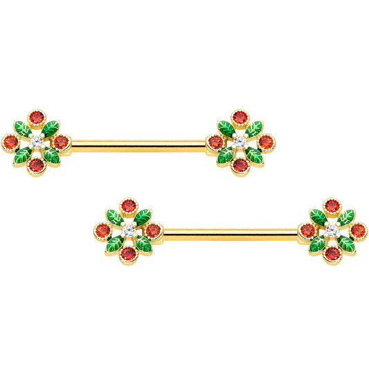 14G 5/8 Red Gem Gold Tone Crest Christmas Barbell Nipple Ring Set