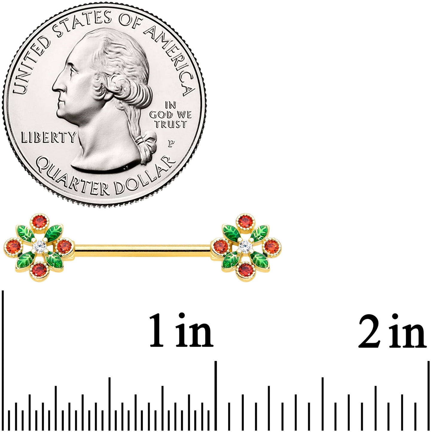14G 5/8 Red Gem Gold Tone Crest Christmas Barbell Nipple Ring Set