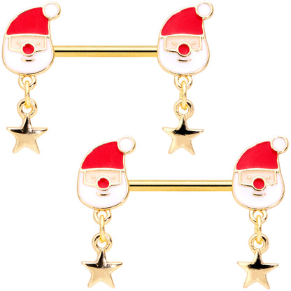 14G 9/16 Gold Tone Santa Star Christmas Dangle Nipple Ring Set