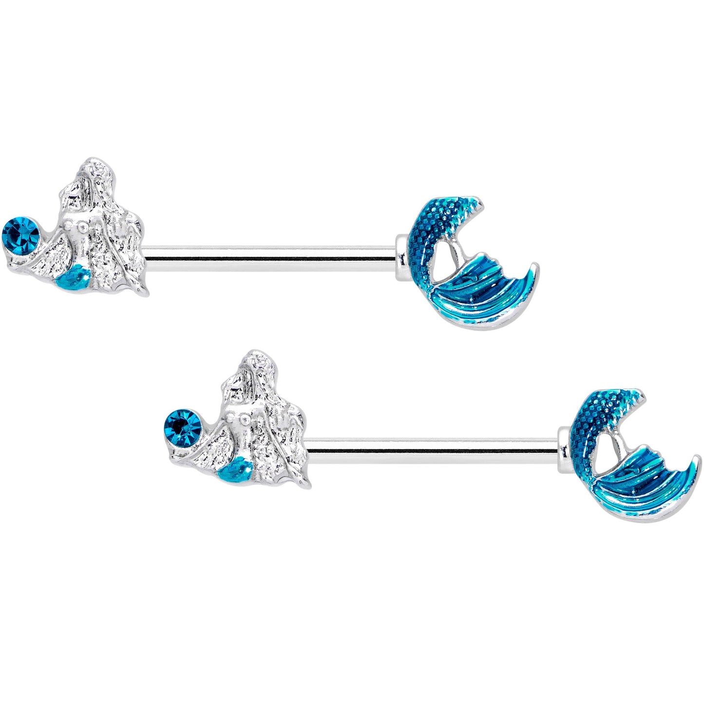 14G 9/16 Aqua Gem Gazing Mermaids Barbell Nipple Ring Set
