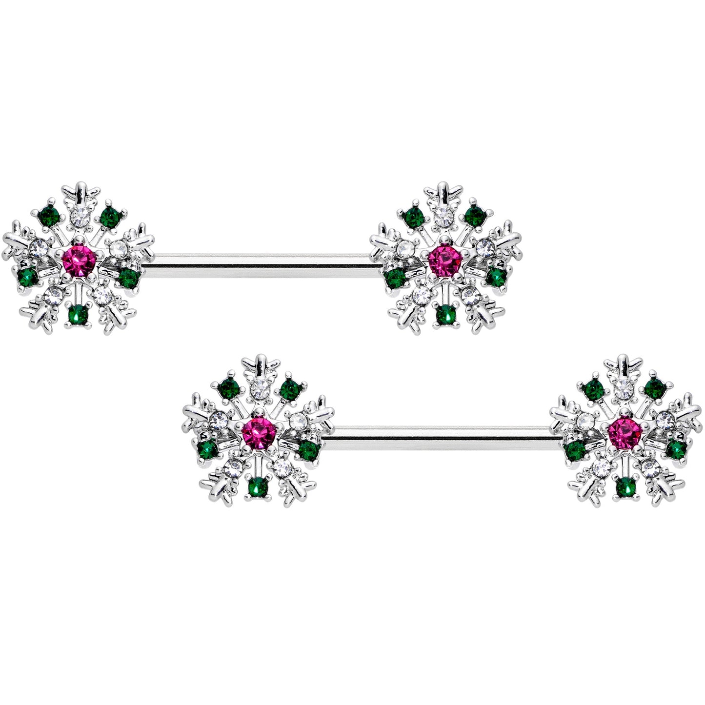 14G 9/16 Clear Pink Green Gem Snowflake Barbell Nipple Ring Set