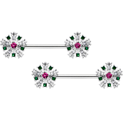 14G 9/16 Clear Pink Green Gem Snowflake Barbell Nipple Ring Set