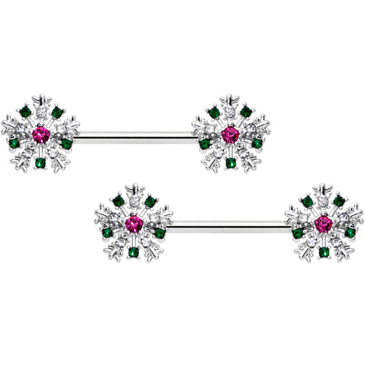 14G 9/16 Clear Pink Green Gem Snowflake Barbell Nipple Ring Set