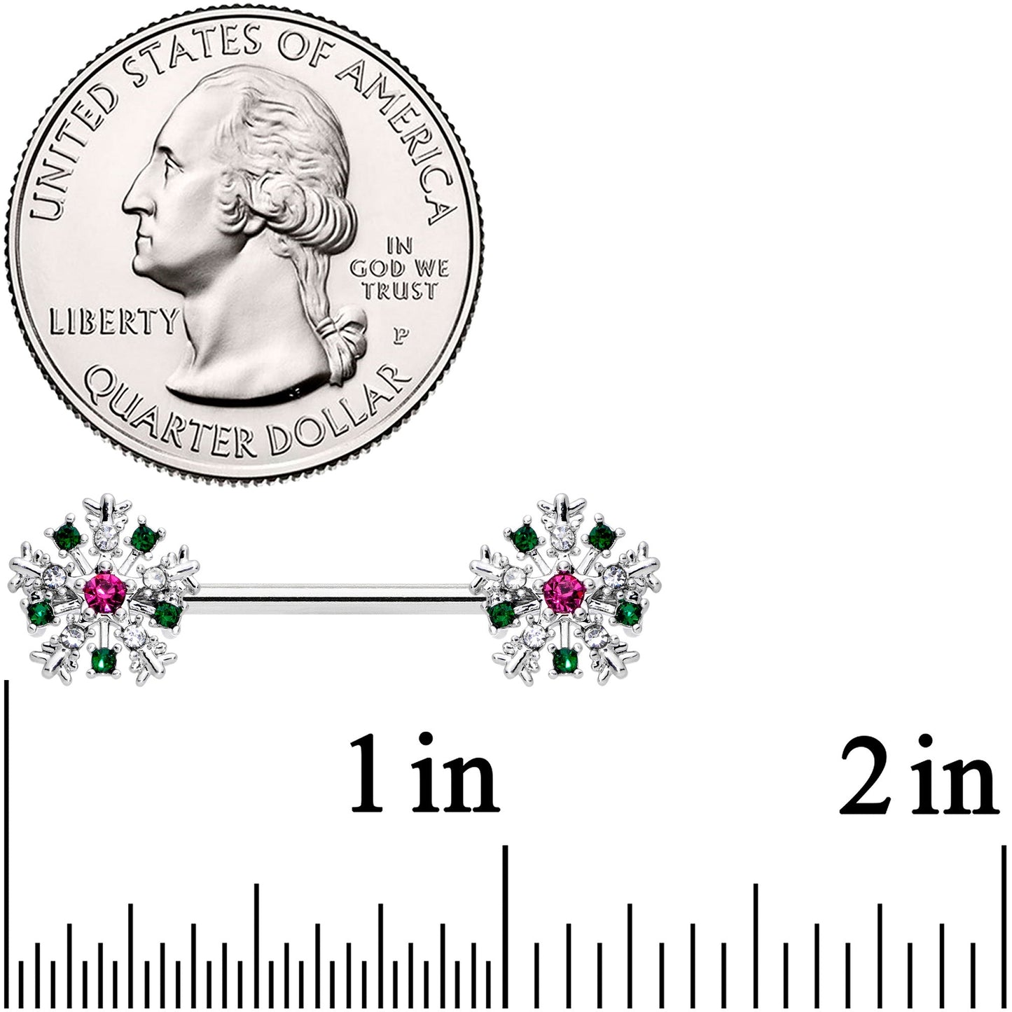 14G 9/16 Clear Pink Green Gem Snowflake Barbell Nipple Ring Set