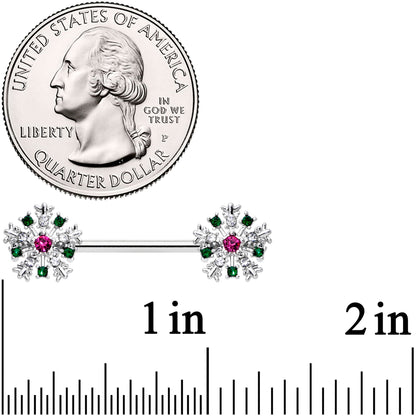 14G 9/16 Clear Pink Green Gem Snowflake Barbell Nipple Ring Set