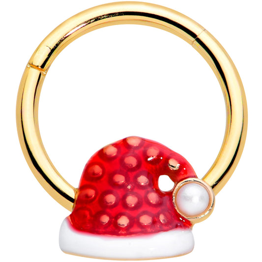 16G 3/8 Gold Tone Red Santa Hat Christmas Hinged Segment Ring