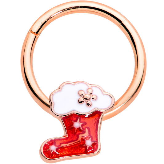 16G 3/8 Rose Gold Tone Red Christmas Stocking Hinged Segment Ring