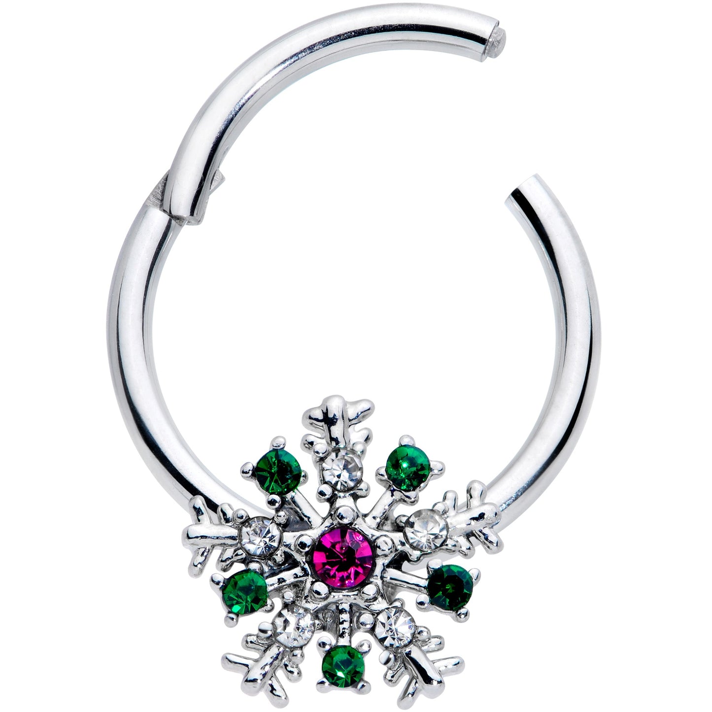16G 3/8 Clear Green Pink Gem Snowflake Hinged Segment Ring