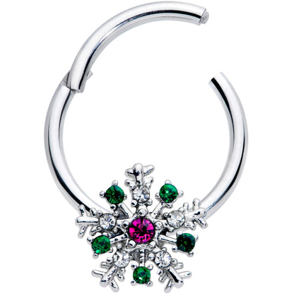 16G 3/8 Clear Green Pink Gem Snowflake Hinged Segment Ring