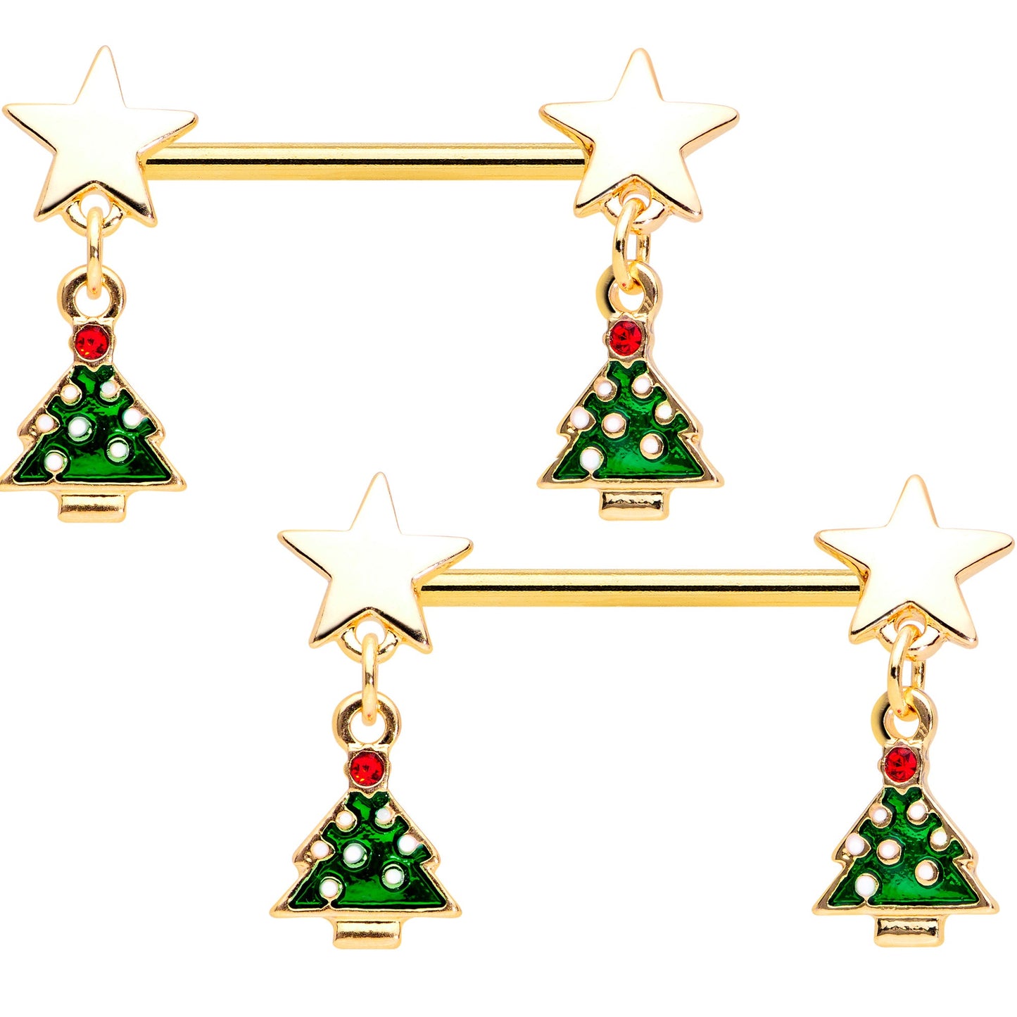 14G 9/16 Red Gem Gold Tone Star Christmas Tree Nipple Ring Set
