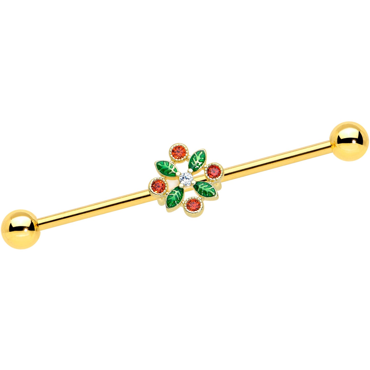14G Red Gem Gold Tone Crest Christmas Industrial Barbell 38mm