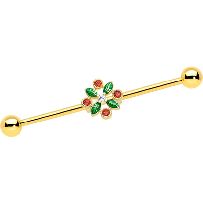 14G Red Gem Gold Tone Crest Christmas Industrial Barbell 38mm