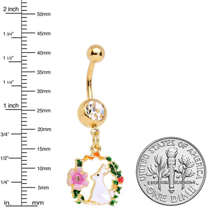 Clear Gem Gold Tone Bunny Rabbit Flower Wreath Dangle Belly Ring
