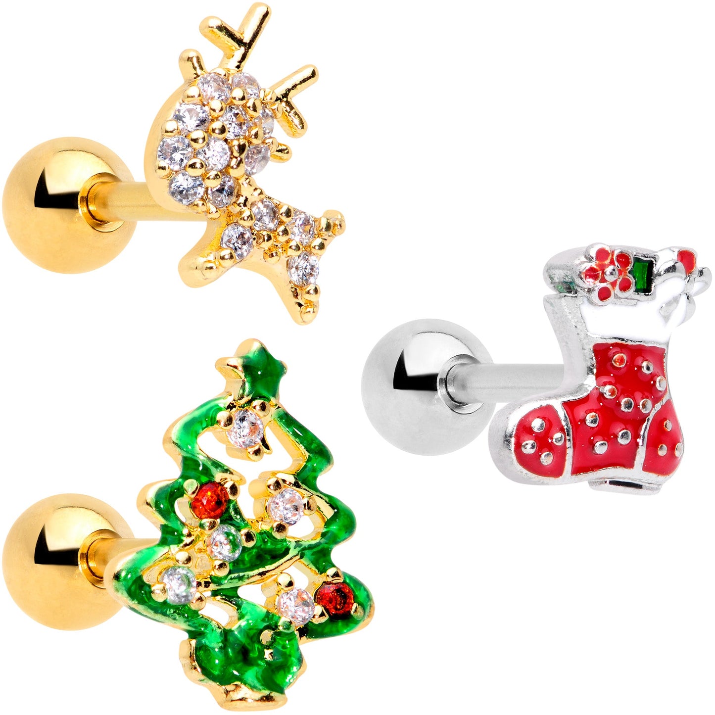 16G 1/4 Clear CZ Gem Gold Hue Christmas Tragus Earring Set of 3