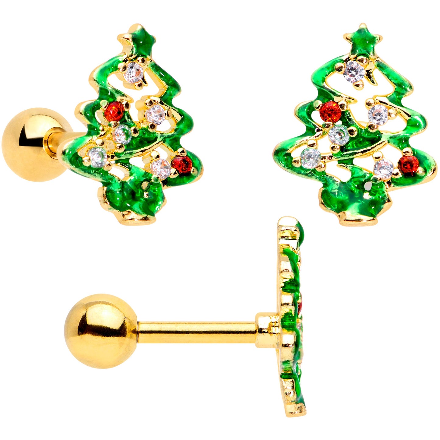 16G 1/4 Clear CZ Gem Gold Hue Christmas Tragus Earring Set of 3