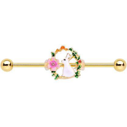 14G Clear Gem Gold Tone Bunny Flower Industrial Barbell 38mm